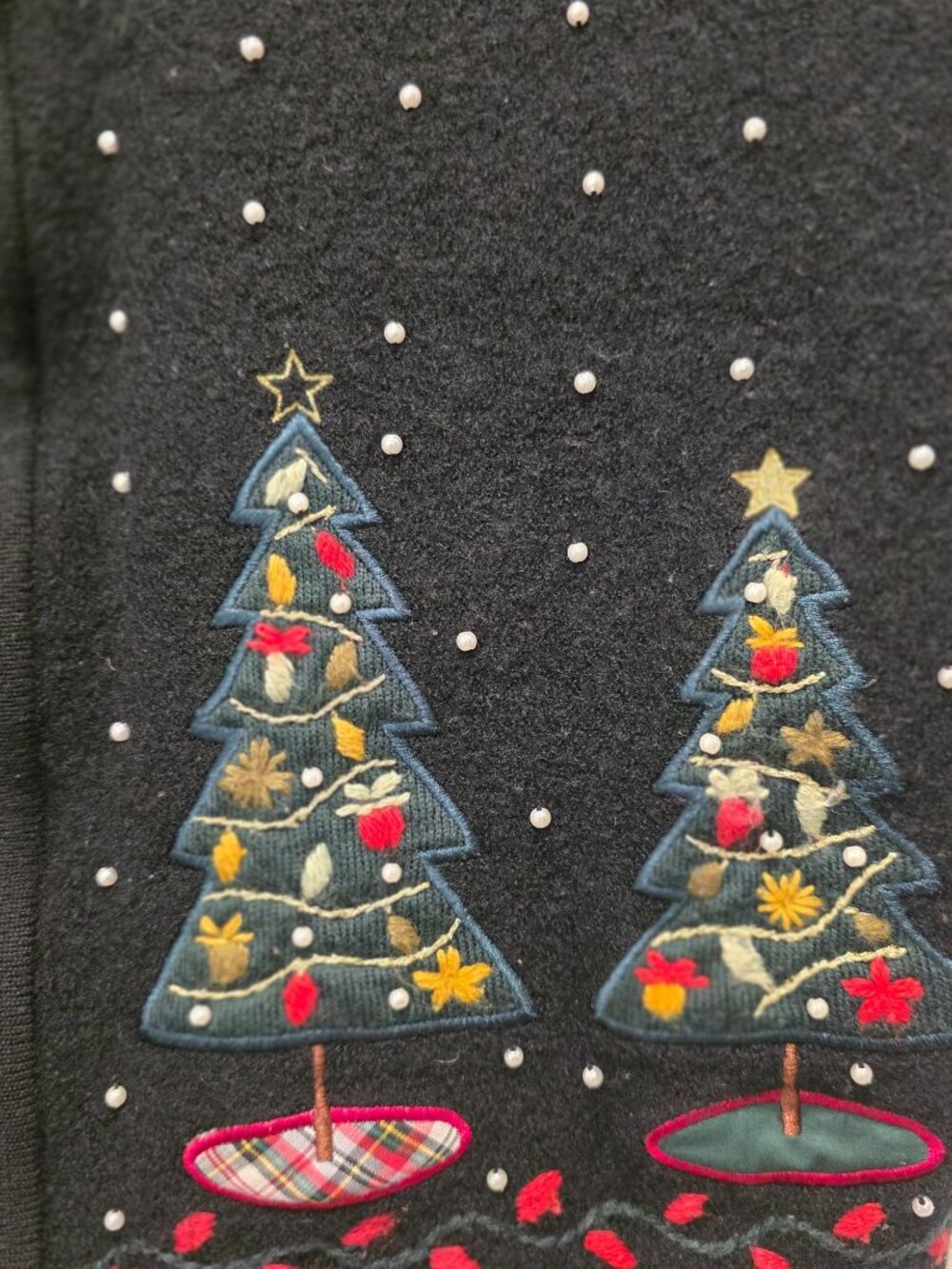 Vintage Charter Club Christmas Tree Scene Wool Zip-Up Black Ugly Xmas Vest M - Picture 3 of 6